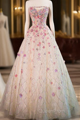 Beautiful Pink Beaded Flowers A-Line Strapless Long Evening Prom Dresses Gorgeous Formal Evening Dresses