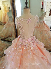 Beautiful Pink Flowers Round Neckline Sweet 16 Dresses, Pink Quinceanera Dresses