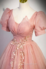 Beautiful Pink Tulle Floor Length Evening Prom Dresses, Cute Short Sleeve Evening Dresses