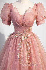 Beautiful Pink Tulle Floor Length Evening Prom Dresses, Cute Short Sleeve Evening Dresses
