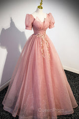 Beautiful Pink Tulle Floor Length Evening Prom Dresses, Cute Short Sleeve Evening Dresses