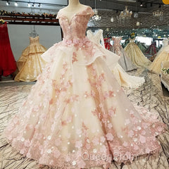 Beautiful Pink Tulle With Flowers And Beaded Long Party Dresses, Pink Sweet 16 Gown