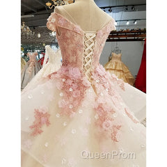 Beautiful Pink Tulle With Flowers And Beaded Long Party Dresses, Pink Sweet 16 Gown