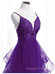 Beautiful Purple Tulle Layers With Lace Long Evening Dresses, Purple Evening Prom Dresses Party Dresses