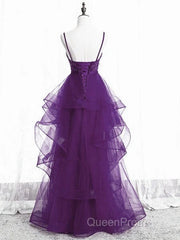 Beautiful Purple Tulle Layers With Lace Long Evening Dresses, Purple Evening Prom Dresses Party Dresses