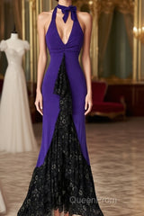 Beautiful Purple V-Neck Lace Mermaid Long Evening Prom Dresses Backless Birthday Party Dresses