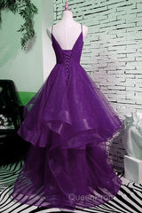 Beautiful Purple V-Neckline Straps Layers Tulle Party Gown, Purple Evening Dresses