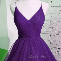 Beautiful Purple V-Neckline Straps Layers Tulle Party Gown, Purple Evening Dresses