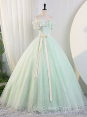 Beautiful Sage Green Tulle Floor Length Evening Prom Dresses, A-Line Off The Shoulder Evening Part Dresses