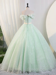 Beautiful Sage Green Tulle Floor Length Evening Prom Dresses, A-Line Off The Shoulder Evening Part Dresses