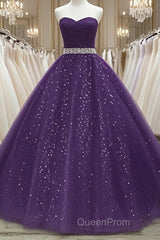 Beautiful Shiny Purple Tulle Beaded Ball Gonw Party Dresses, Purple Evening Prom Dresses