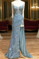 Beautiful Tiffany Blue Spaghetti Straps Tulle Applique Long Evening Prom Dresses Sequined Evening Dresses With Slits