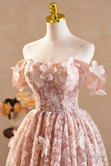 Beautiful Tulle Flower Knee Length Prom Dress, Off the Shoulder Short Sleeve Evening Party Dress