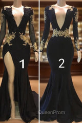 Beautiful V-Neck Long Sleevess Appliques Mermaid Floor-Length Evening Prom Dresses