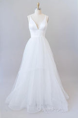 Beautiful White Long A-line V-neck Tulle Backless Wedding Dresses