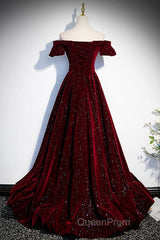 Beautiful Wine Red Off Shoulder Velvet Long Party Dresses, A-Line Dark Red Evening Prom Dresses