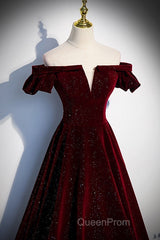 Beautiful Wine Red Off Shoulder Velvet Long Party Dresses, A-Line Dark Red Evening Prom Dresses