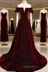 Beautiful Wine Red Off Shoulder Velvet Long Party Dresses, A-Line Dark Red Evening Prom Dresses