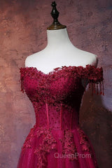 Beautiful Wine Red Tulle Sweetheart Long Evening Prom Dresses, A-Line Party Dresses