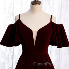 Beautiful Wine Red Velvet Off Shoulder Floor Length Party Dresses, Velvet Junior Evening Prom Dresses
