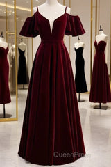 Beautiful Wine Red Velvet Off Shoulder Floor Length Party Dresses, Velvet Junior Evening Prom Dresses