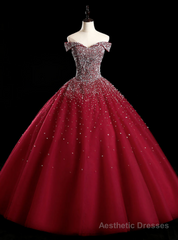 Best For You Burgundy Ball Gown Tulle Off the Shoulder Beading Sequins Quinceanera Dress