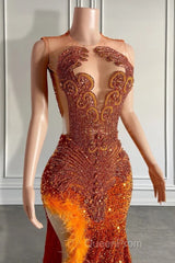 Mermaid Style Burnt Orange Sequins Evening Prom Dresses with Side Slit Long Length Beadings and Feathers