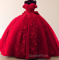 Big Bow Floral Flower Lace Applique Off Shoulder Ball Gown Quinceanera Dresses