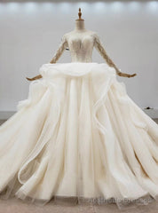 Biggest Sale Champagne Ball Gown Tulle Beading Sequins Long Sleeve Wedding Dress