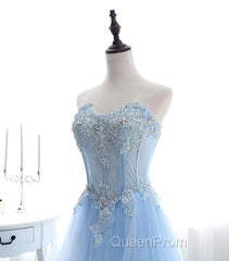 Light Blue Tulle Lace Long Evening Prom Dresses, Formal Dresses