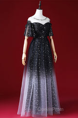 Black A-Line Gradient Tulle Short Sleeves Evening Prom Dresses, Black Long Evening Dresses