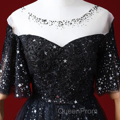 Black A-Line Gradient Tulle Short Sleeves Evening Prom Dresses, Black Long Evening Dresses