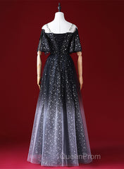 Black A-Line Gradient Tulle Short Sleeves Evening Prom Dresses, Black Long Evening Dresses