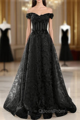 Black A-Line Lace Off Shoulder Tulle With Lace Evening Prom Dresses, Black Long Evening Dresses