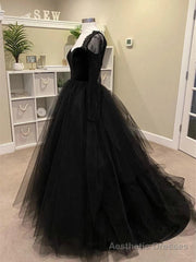 Black A-line Long Lace Sleeves Tulle Formal Dress, Black Prom Dress Party Dress