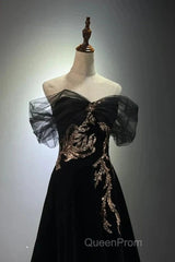 Black A-Line Off Shoulder Tulle Velvet Long Evening Prom Dresses,Sequin Formal Evening Dresses