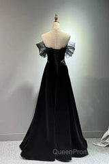 Black A-Line Off Shoulder Tulle Velvet Long Evening Prom Dresses,Sequin Formal Evening Dresses