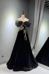 Black A-Line Off Shoulder Tulle Velvet Long Evening Prom Dresses,Sequin Formal Evening Dresses