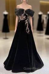 Black A-Line Off Shoulder Tulle Velvet Long Evening Prom Dresses,Sequin Formal Evening Dresses