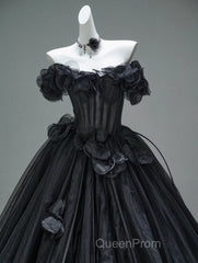 Black A-Line Off-The-Shoulder Tulle 3D Applique Long Evening Prom Dresses,Adult Ceremony Graduation Evening Prom Dresses