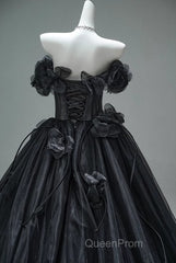 Black A-Line Off-The-Shoulder Tulle 3D Applique Long Evening Prom Dresses,Adult Ceremony Graduation Evening Prom Dresses