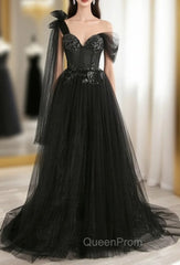 Black A line one Shoulder Tulle Long Evening Prom Dresses, Black Tulle Evening Dresses