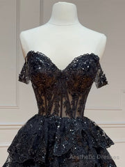 Black A-Line Sequin Tulle Short Prom Dress, Black Homecoming Dress