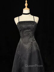 Black A-Line Straps Beaded Floor Length Party Dresses, Black Satin Long Evening Prom Dresses