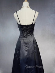 Black A-Line Straps Beaded Floor Length Party Dresses, Black Satin Long Evening Prom Dresses