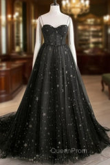 Black A line Sweetheart Neck Tulle Long Evening Prom Dresses, Black Evening Graduation Dresses