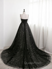 Black A line Sweetheart Neck Tulle Long Evening Prom Dresses, Black Evening Graduation Dresses
