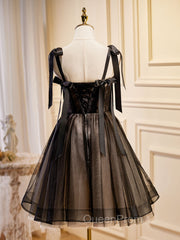 Black A-Line Tulle Lace Short Evening Prom Dresses, Black Lace Homecoming Dresses