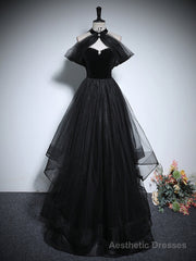 Black A-Line Tulle Long Prom Dress, Black Long Evening Dress