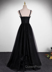 Black A-Line Tulle Straps Simple Long Evening Prom Dresses, Black Evening Dresses Party Dresses